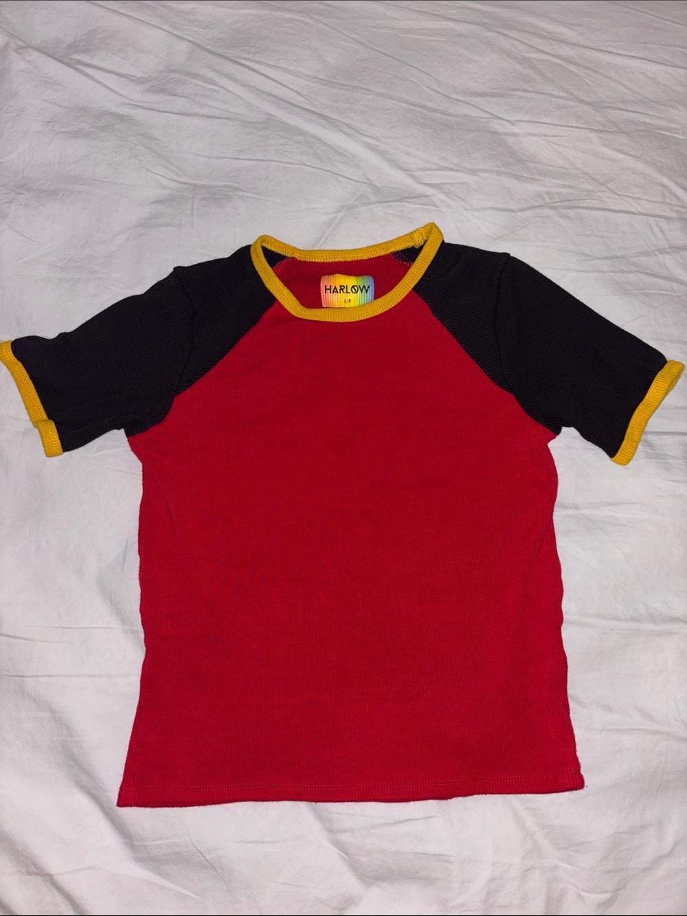 Boathouse Harlow Women’s Red Body Black Raglan Tee with Yellow Trim
